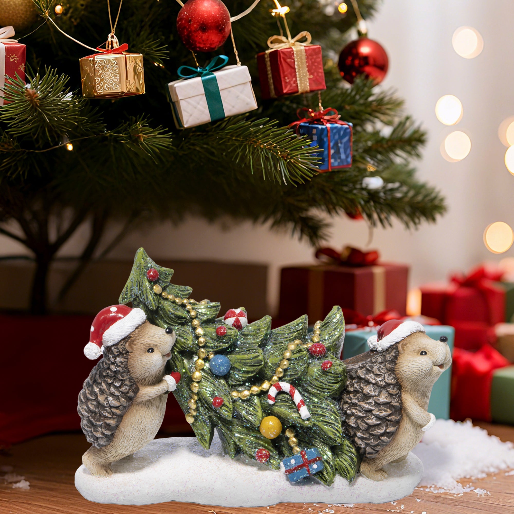 Hodao Christmas Hedgehog Figurines Decorations – Resin Hedgehog Carrying Christmas Tree Ornaments with Santa Hats, Hand-Painted Winter Decor for Indoor Home, Bedroom, Shelf, Tabletop, and Gift Display