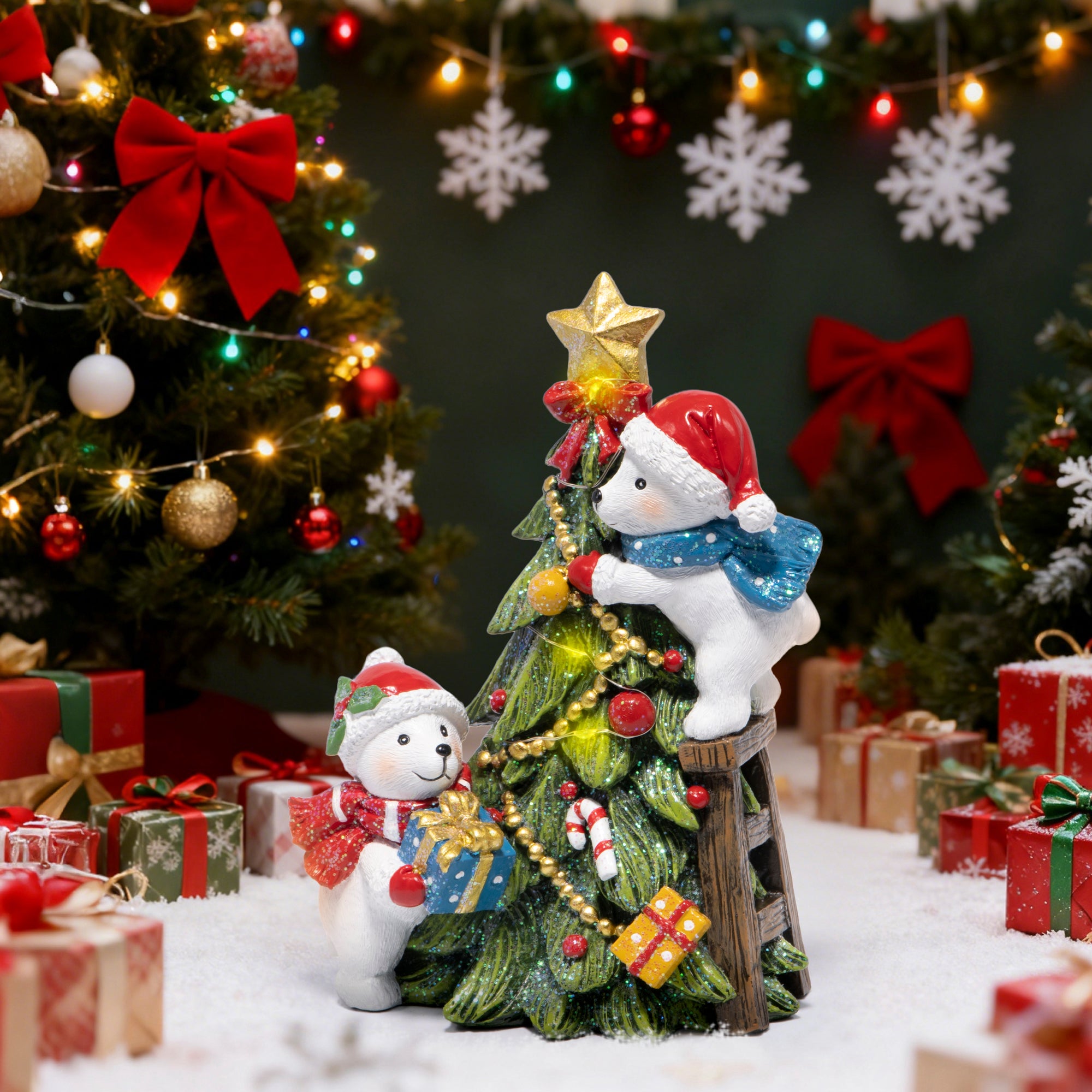 Hodao Christmas Decorations, Resin Polar Bear & Christmas Tree Figurines, Indoor Holiday Decor for Home, Bedroom, Cute Xmas Ornaments & Gift