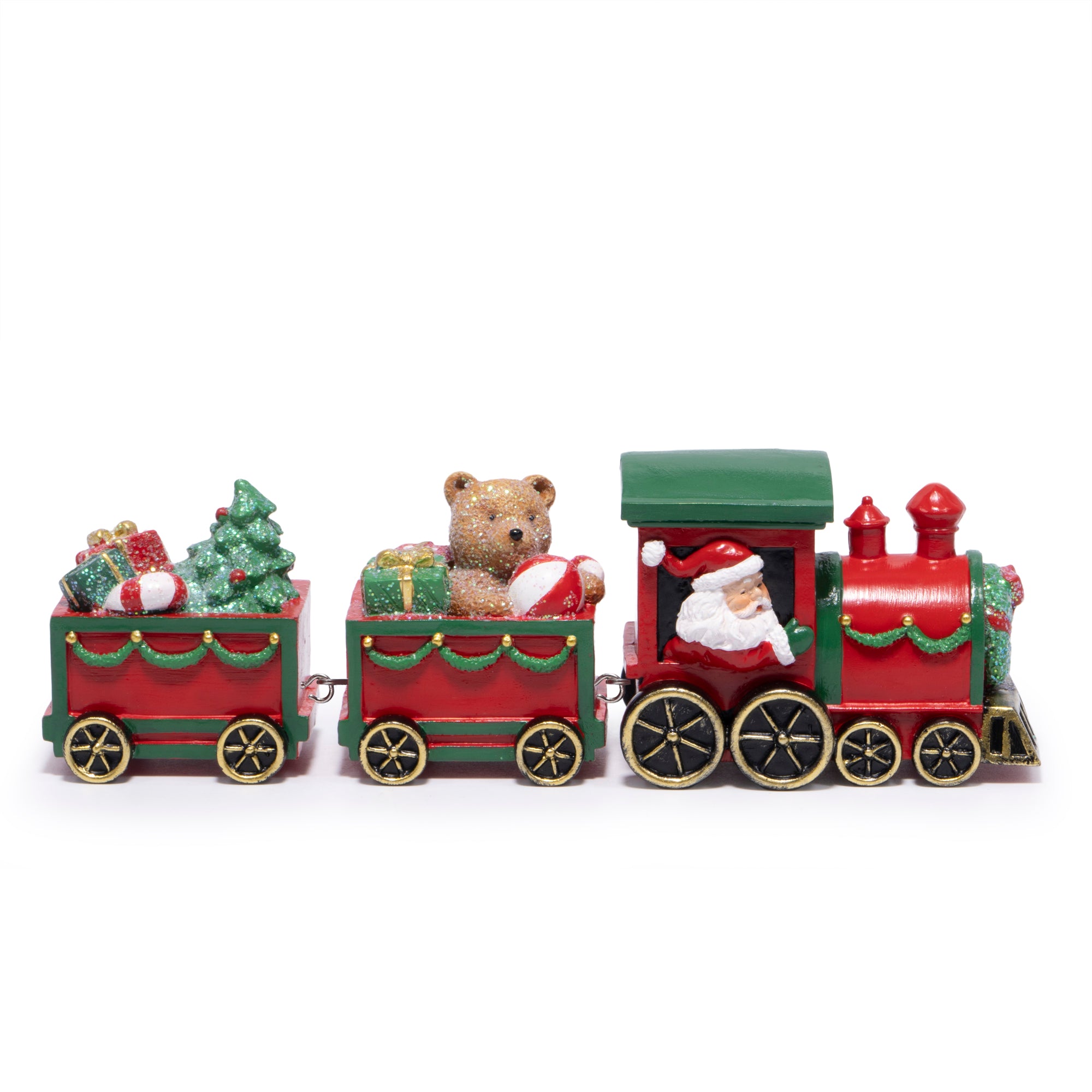 Hodao Christmas Train Decorations – Hand-Painted Resin Santa Claus Gift Train with Teddy Bear, Christmas Tree and Presents, Festive Ornament for Home, Tabletop, Shelf, Mantel, Décor