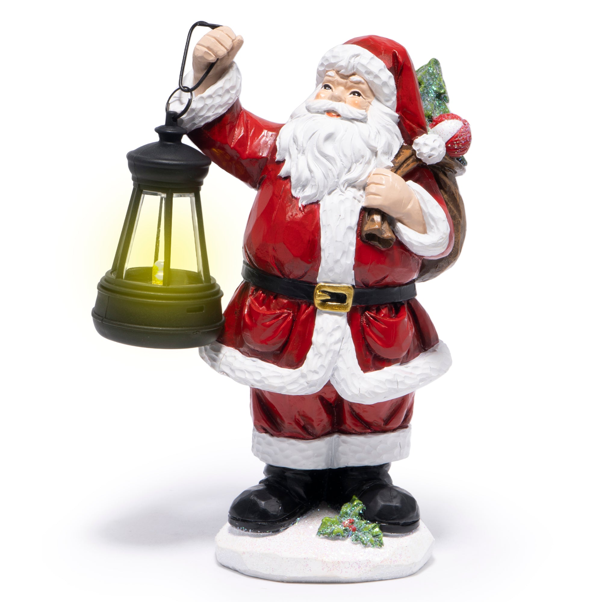 Hodao Christmas Santa Figurine with Lantern, Hand-Painted Resin Santa Claus Statue Holding Gift Bag, Holiday Tabletop Decoration for Home, Mantel, Shelf, Décor Accent