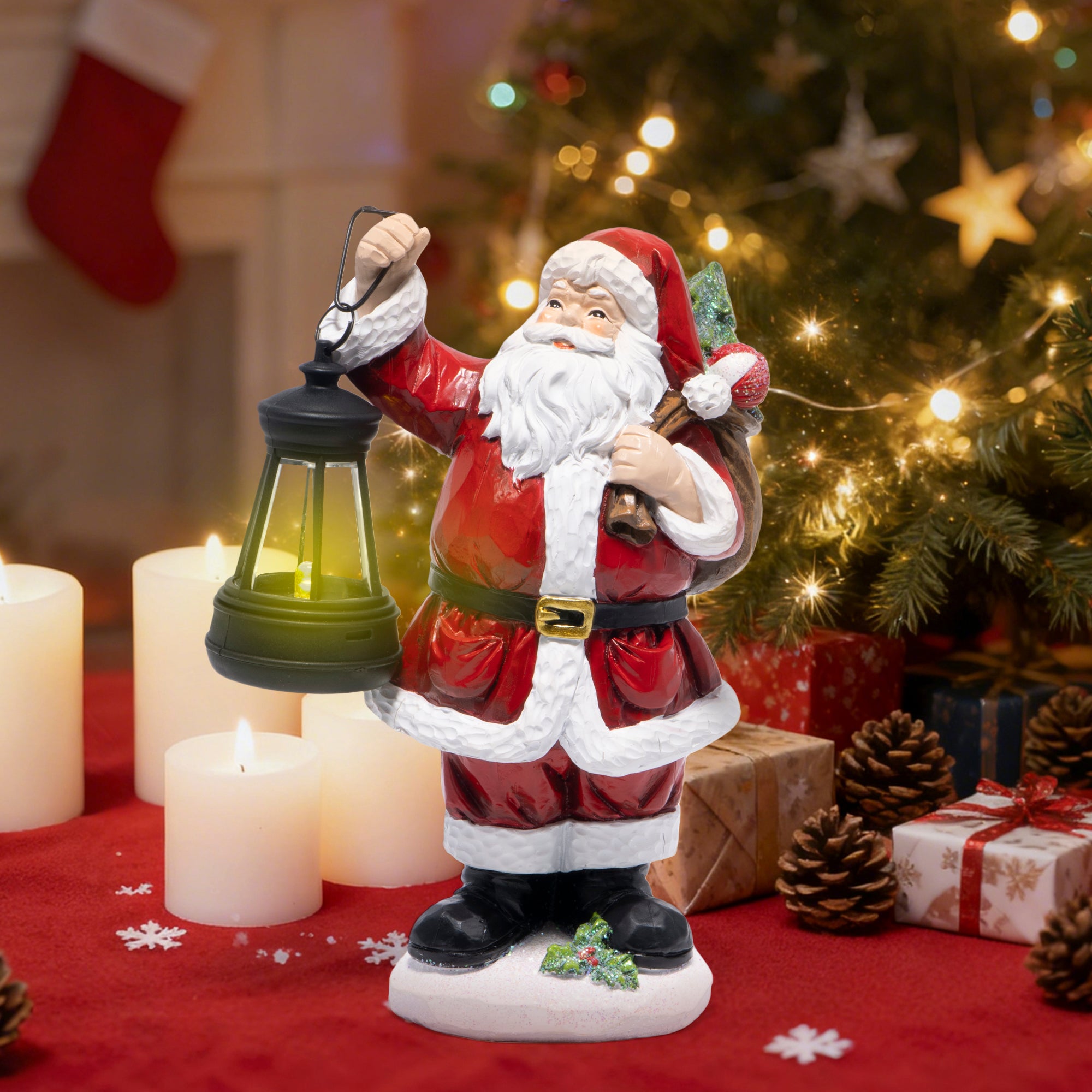 Hodao Christmas Santa Figurine with Lantern, Hand-Painted Resin Santa Claus Statue Holding Gift Bag, Holiday Tabletop Decoration for Home, Mantel, Shelf, Décor Accent