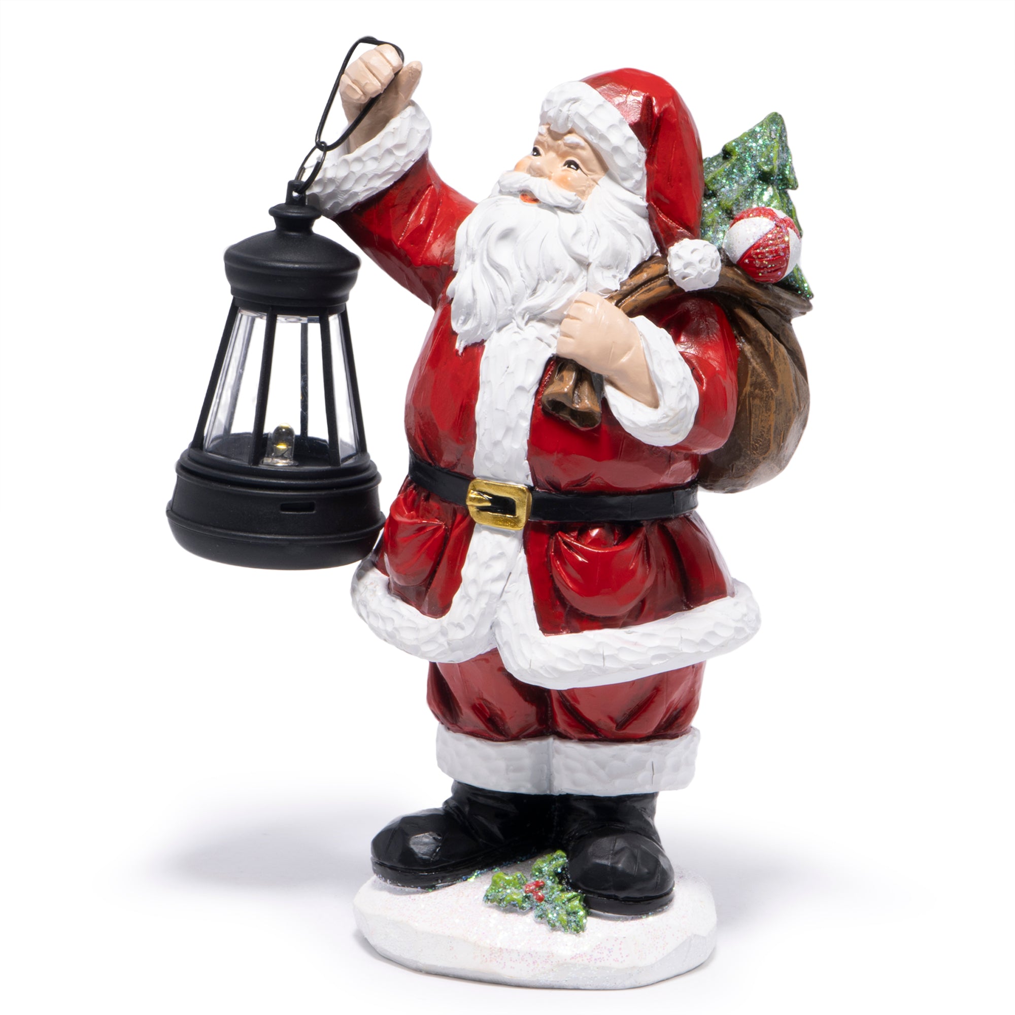 Hodao Christmas Santa Figurine with Lantern, Hand-Painted Resin Santa Claus Statue Holding Gift Bag, Holiday Tabletop Decoration for Home, Mantel, Shelf, Décor Accent