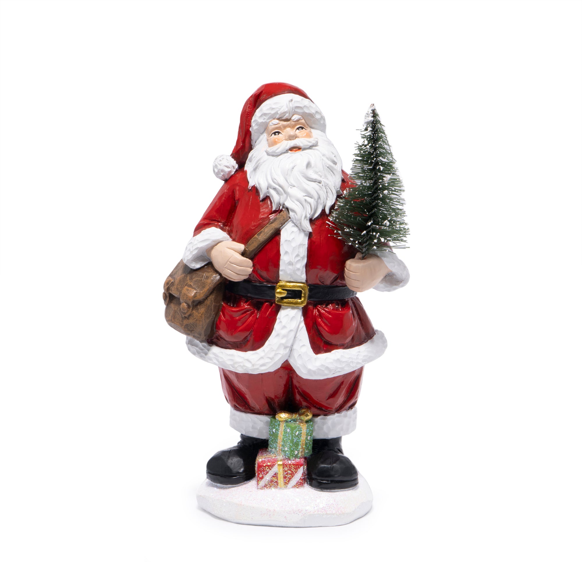 Hodao Christmas Santa Figurine Holding Tree, Hand-Painted Resin Santa Claus Statue with Gifts, Festive Holiday Decoration for Tabletop, Mantel, Shelf, Home Décor Accent