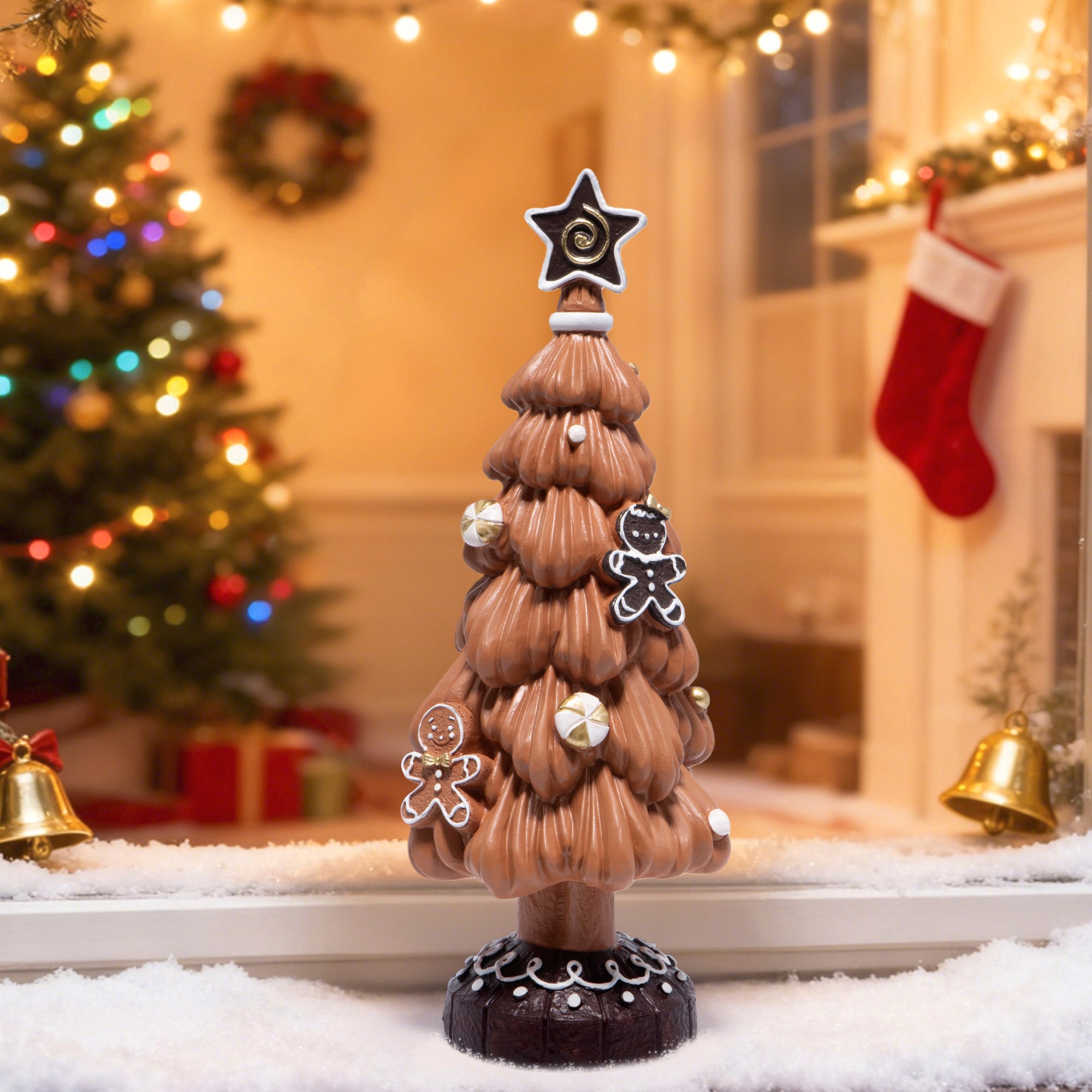 Hodao Gingerbread Christmas Tree Figurine – Resin Holiday Decoration with Cookie Ornaments, Brown Frosted Star Topper, Festive Table Centerpiece for Winter Home Décor