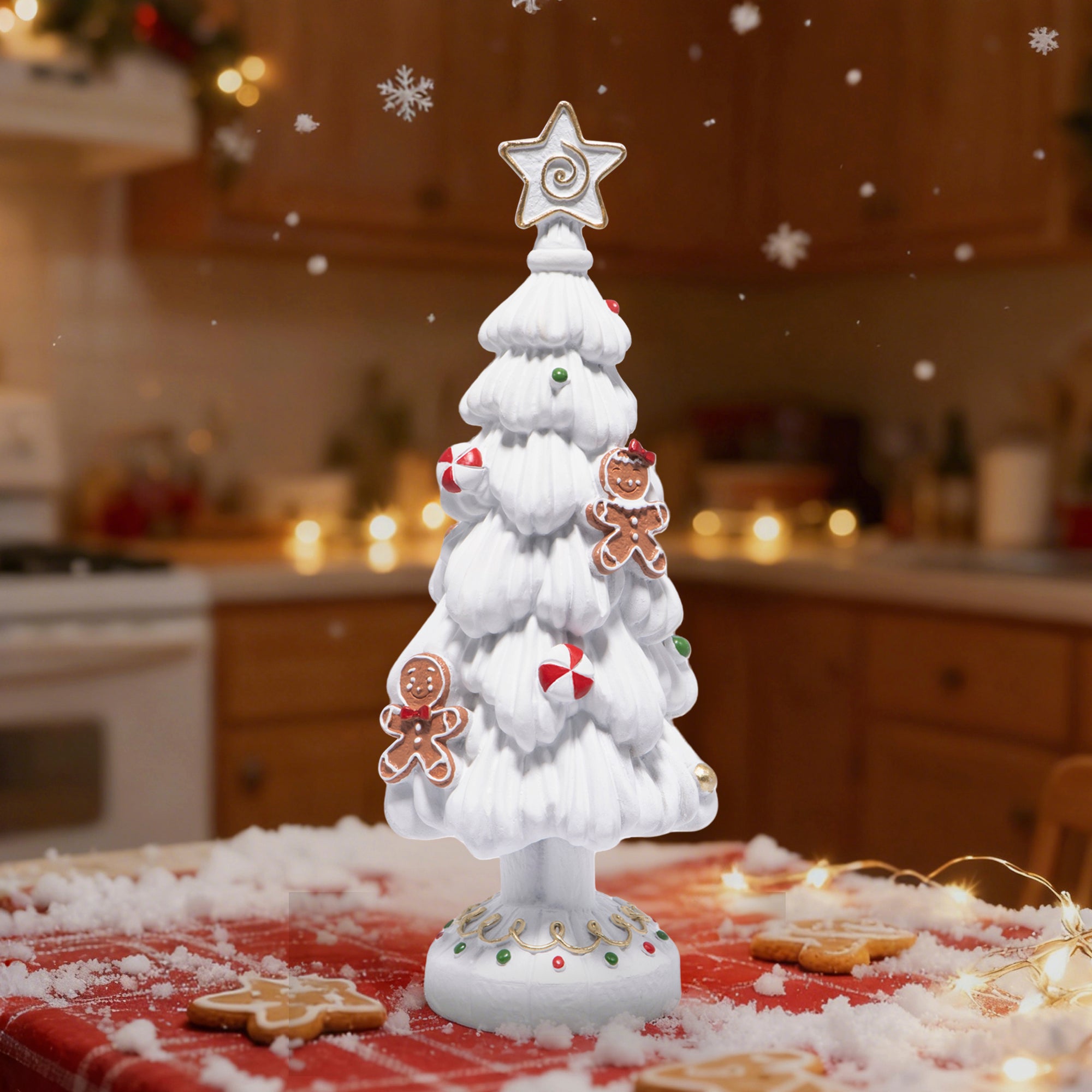 Hodao Gingerbread Christmas Tree Figurine – Resin Holiday Decoration with Cookie Ornaments, Brown Frosted Star Topper, Festive Table Centerpiece for Winter Home Décor