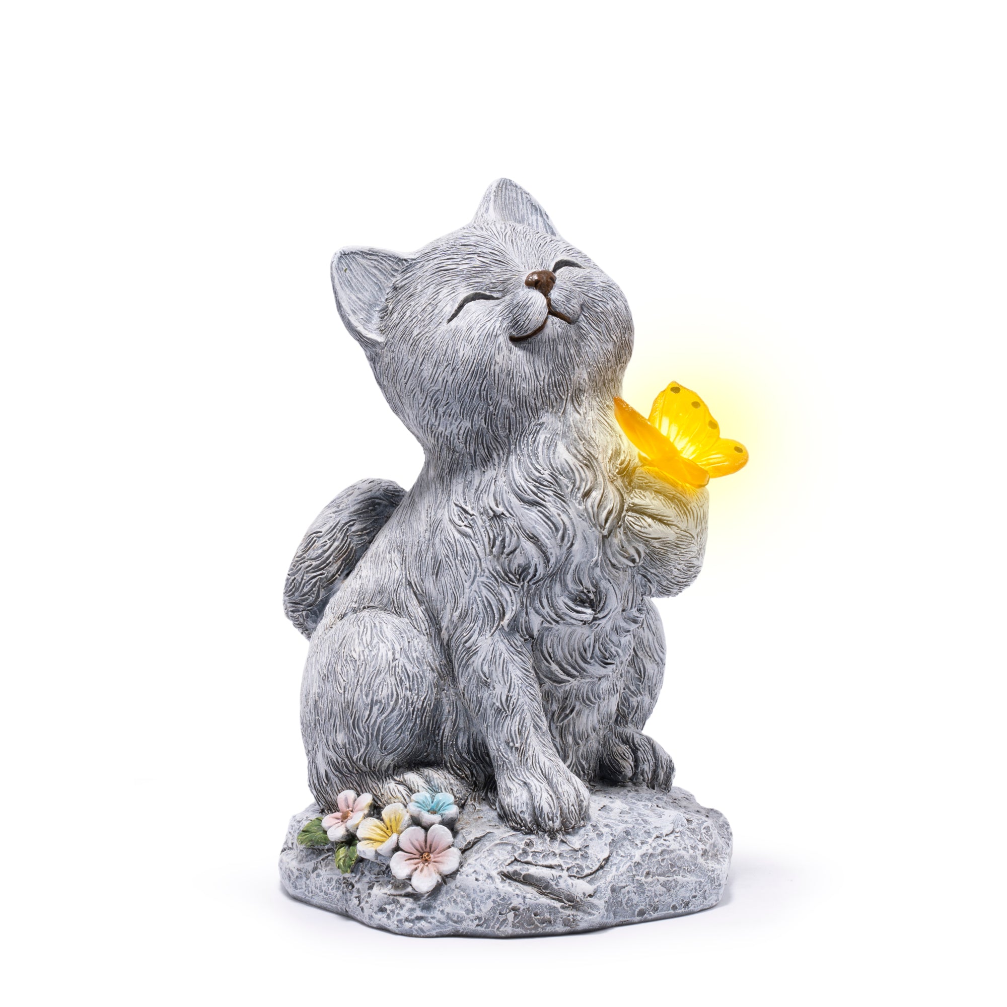 Hodao  Solar Cat Statue with Glowing Butterfly, Outdoor Garden Cat Figurine Decor for Yard Lawn Patio, Resin Solar Animal Sculpture with LED Light for Garden Landscape Decoration