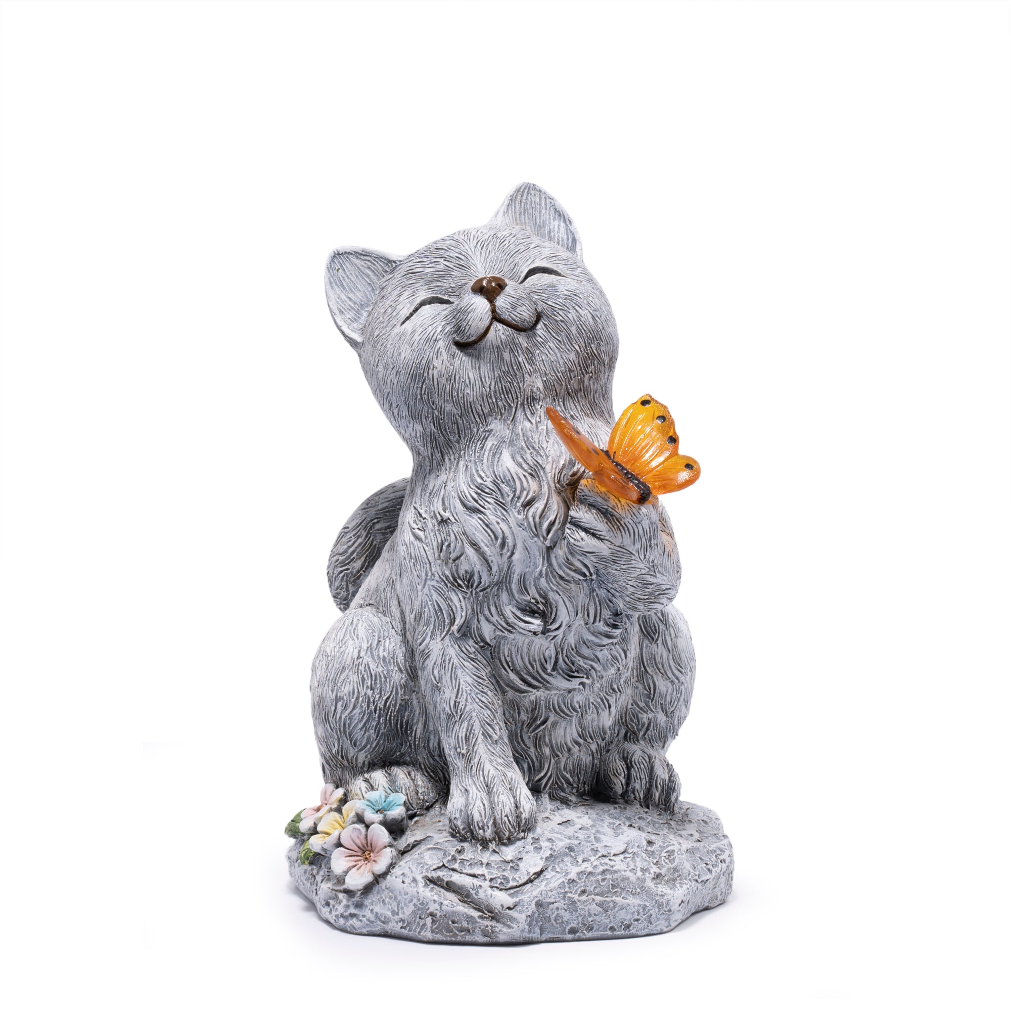 Hodao  Solar Cat Statue with Glowing Butterfly, Outdoor Garden Cat Figurine Decor for Yard Lawn Patio, Resin Solar Animal Sculpture with LED Light for Garden Landscape Decoration