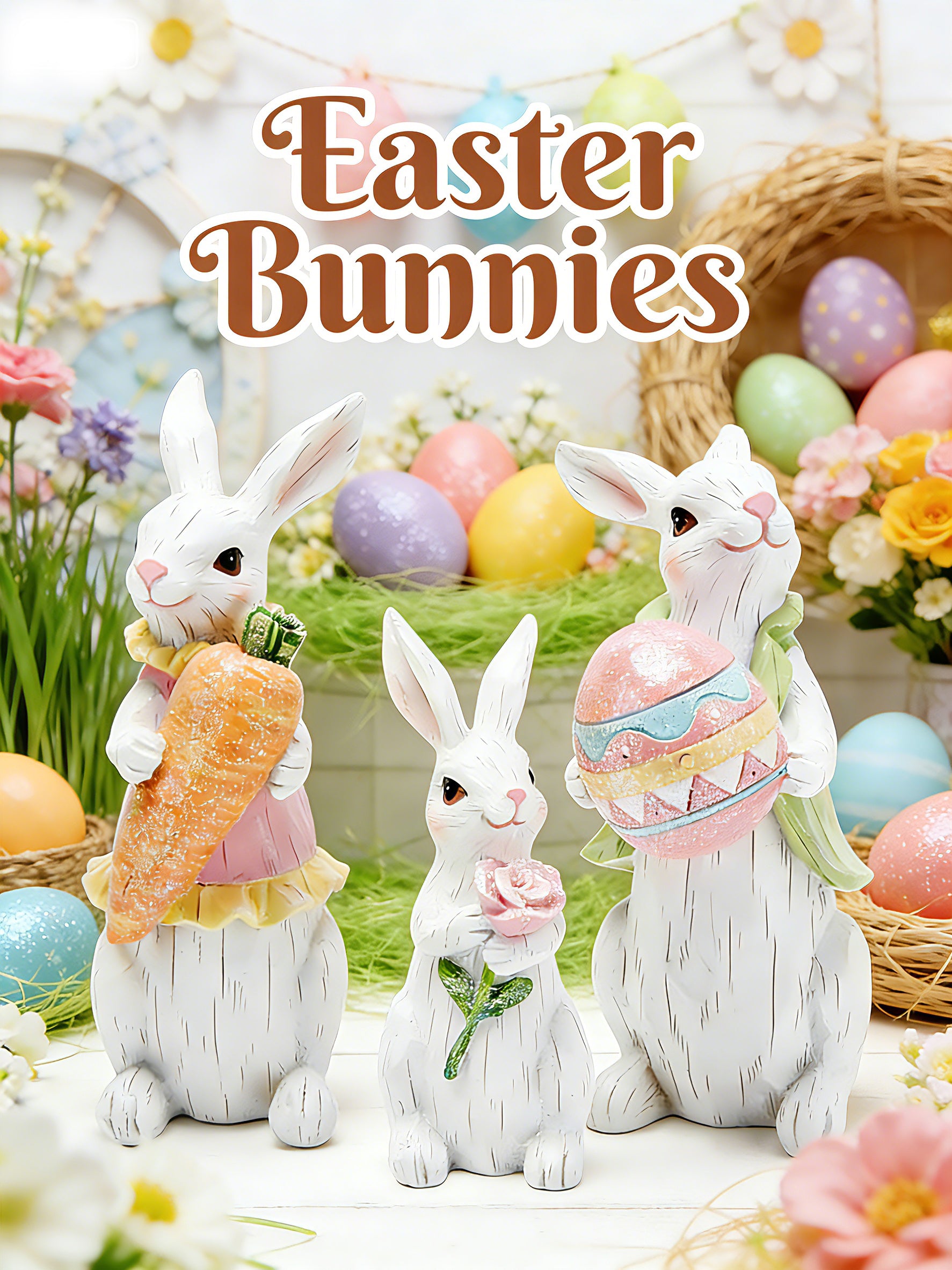 Hodao Easter Bunny Family Figurine Decoration, Pastel Resin Rabbit Statue with Carrot, Easter Egg and Flower, Spring Tabletop Decor for Home Shelf Mantel Gift