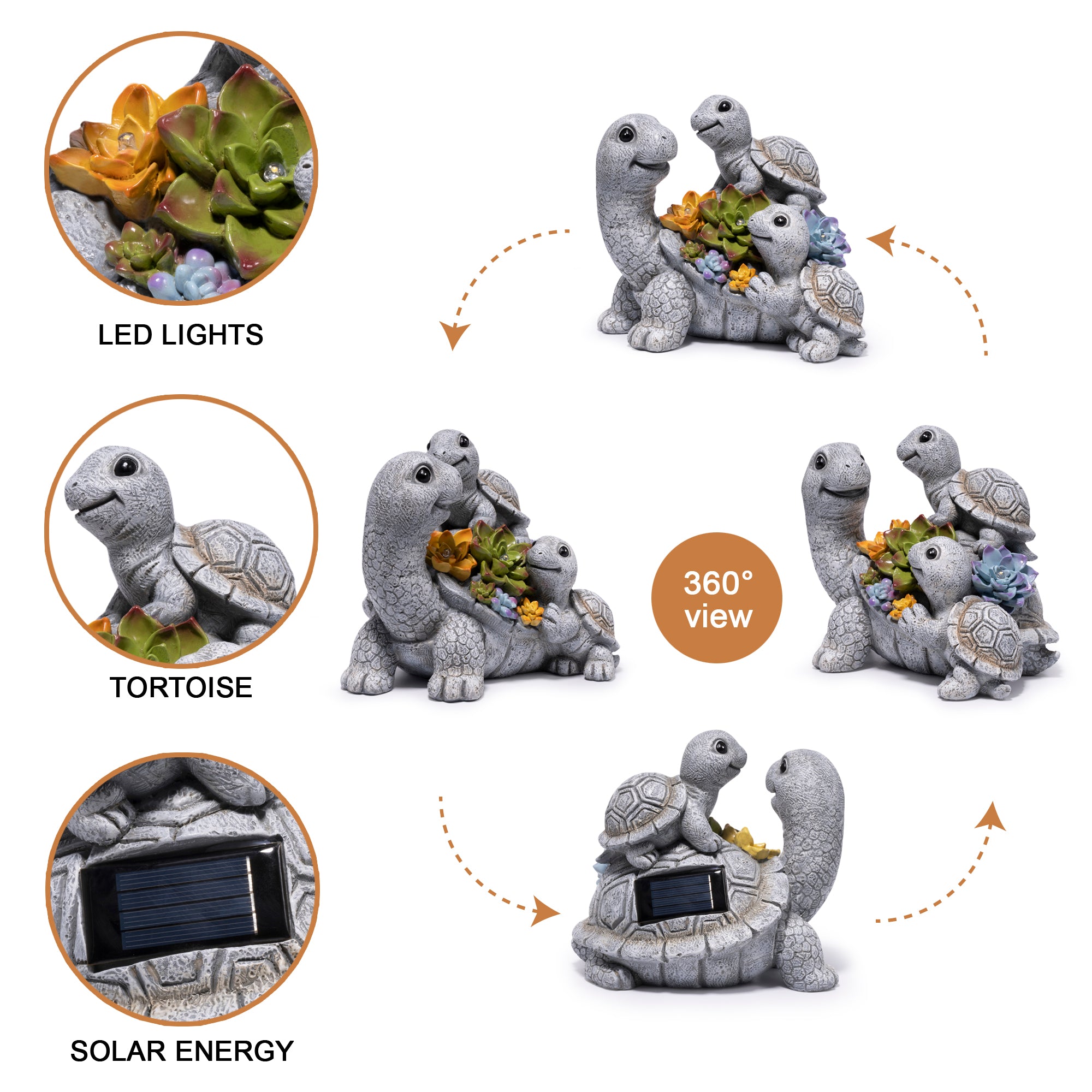 Hodao  Solar Turtle Garden Statue with LED Succulent Lights, Resin Outdoor Tortoise Family Figurine, Waterproof Yard Lawn Patio Decor, Cute Animal Sculpture for Porch, Backyard, Gift