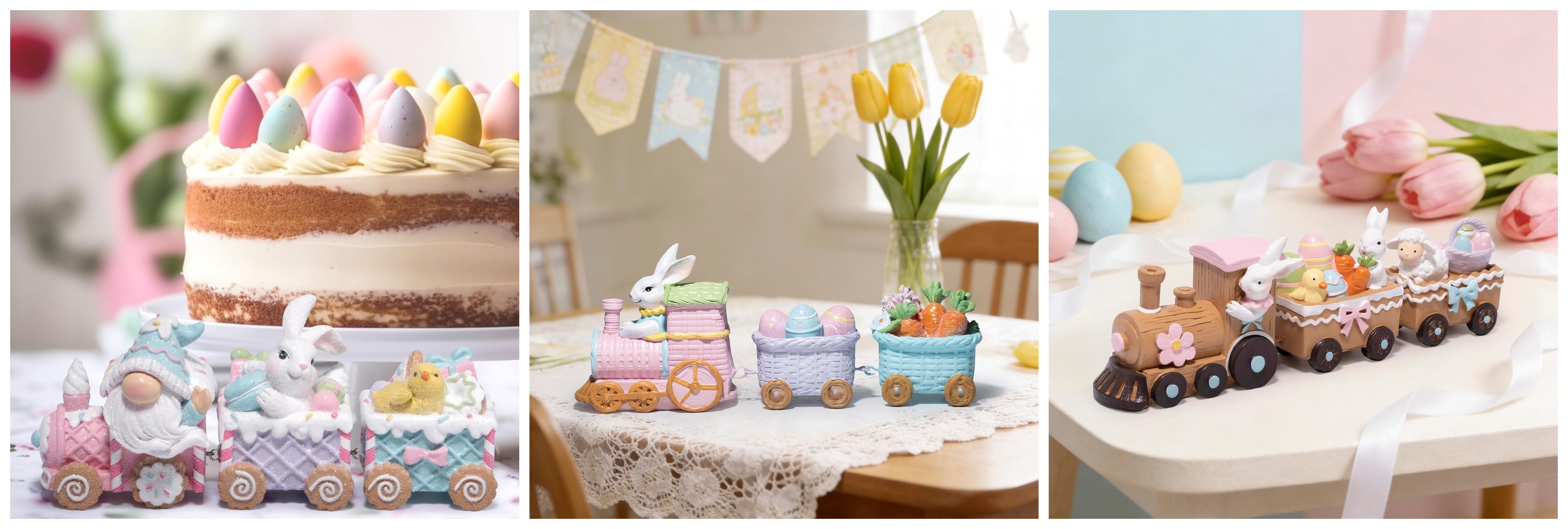 Hodao Easter Train Figurine Bundle (Choose 3/4/6-Piece Set) – Pastel Spring Tabletop Decor Collection with Bunny & Egg Carts, Cute Home Accent for Mantel, Shelf & Tiered Tray, Gift-Ready Easter Decor