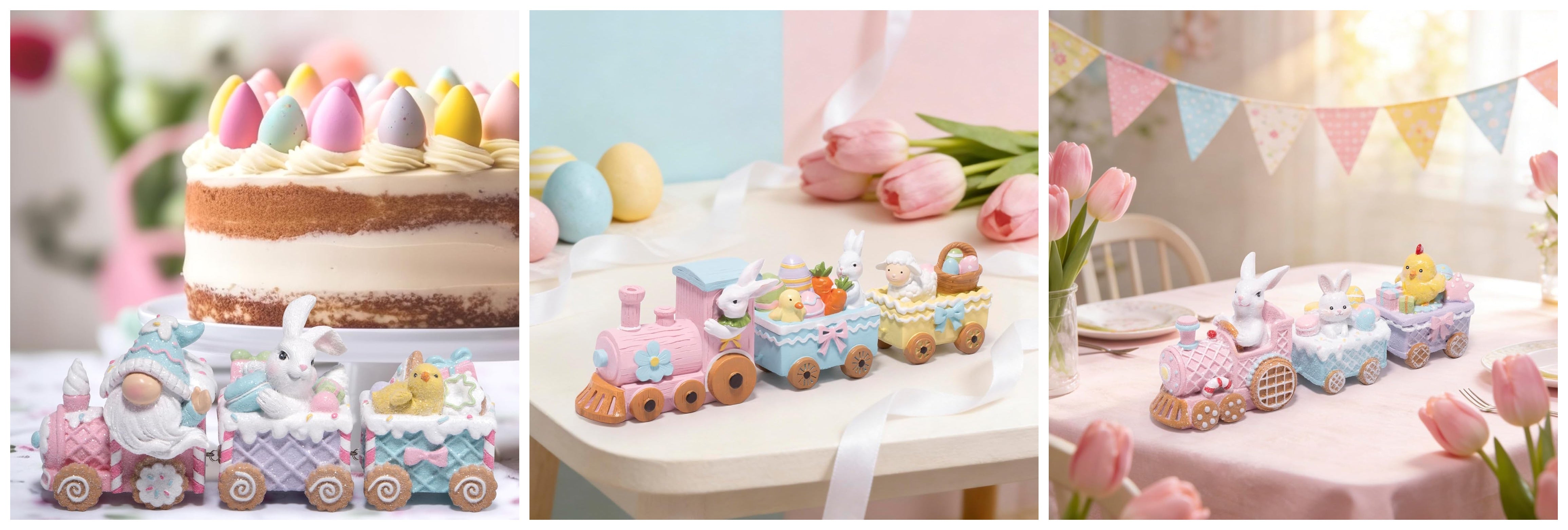 Hodao Easter Train Figurine Bundle (Choose 3/4/6-Piece Set) – Pastel Spring Tabletop Decor Collection with Bunny & Egg Carts, Cute Home Accent for Mantel, Shelf & Tiered Tray, Gift-Ready Easter Decor