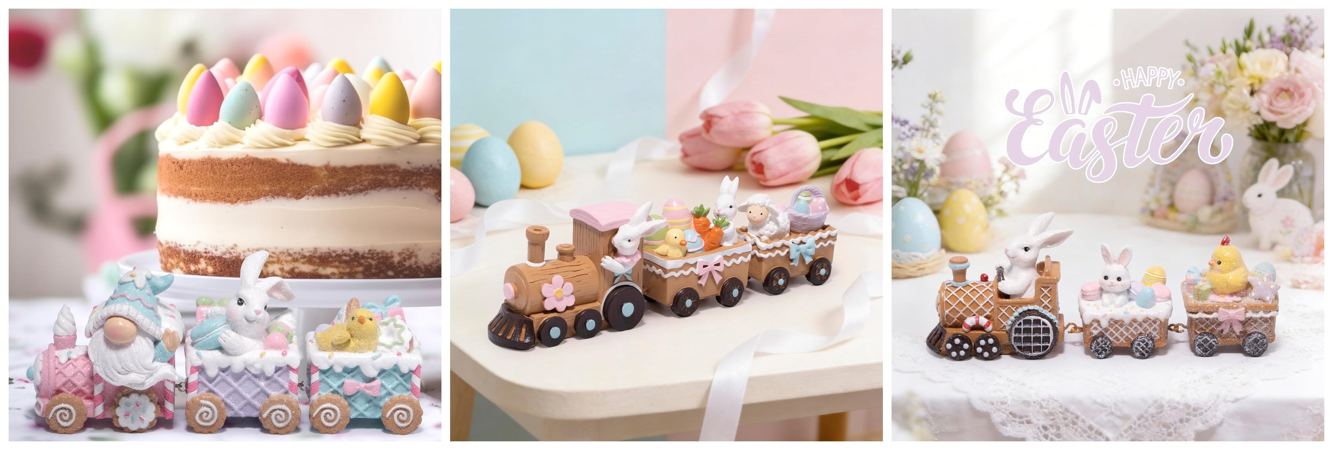 Hodao Easter Train Figurine Bundle (Choose 3/4/6-Piece Set) – Pastel Spring Tabletop Decor Collection with Bunny & Egg Carts, Cute Home Accent for Mantel, Shelf & Tiered Tray, Gift-Ready Easter Decor
