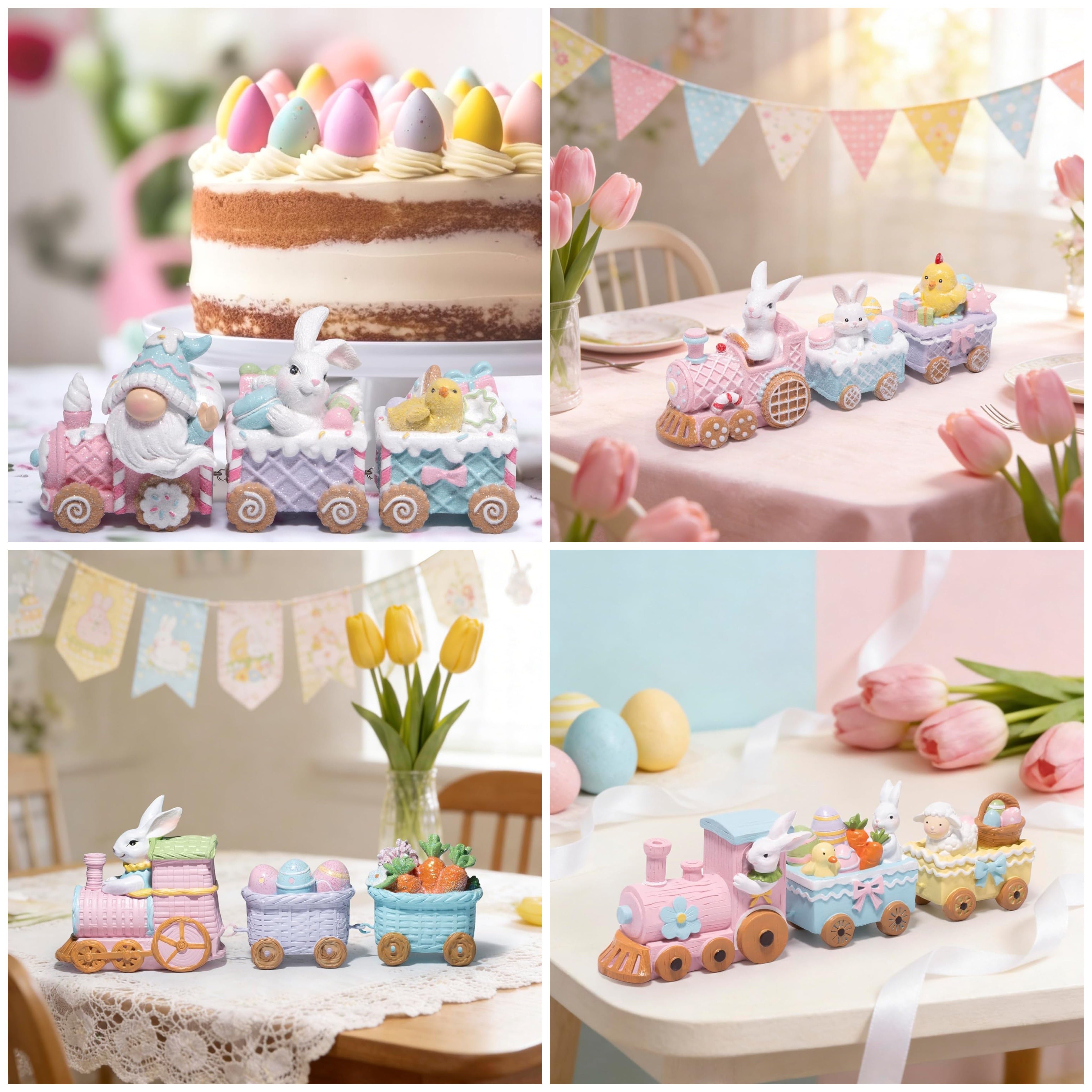 Hodao Easter Train Figurine Bundle (Choose 3/4/6-Piece Set) – Pastel Spring Tabletop Decor Collection with Bunny & Egg Carts, Cute Home Accent for Mantel, Shelf & Tiered Tray, Gift-Ready Easter Decor