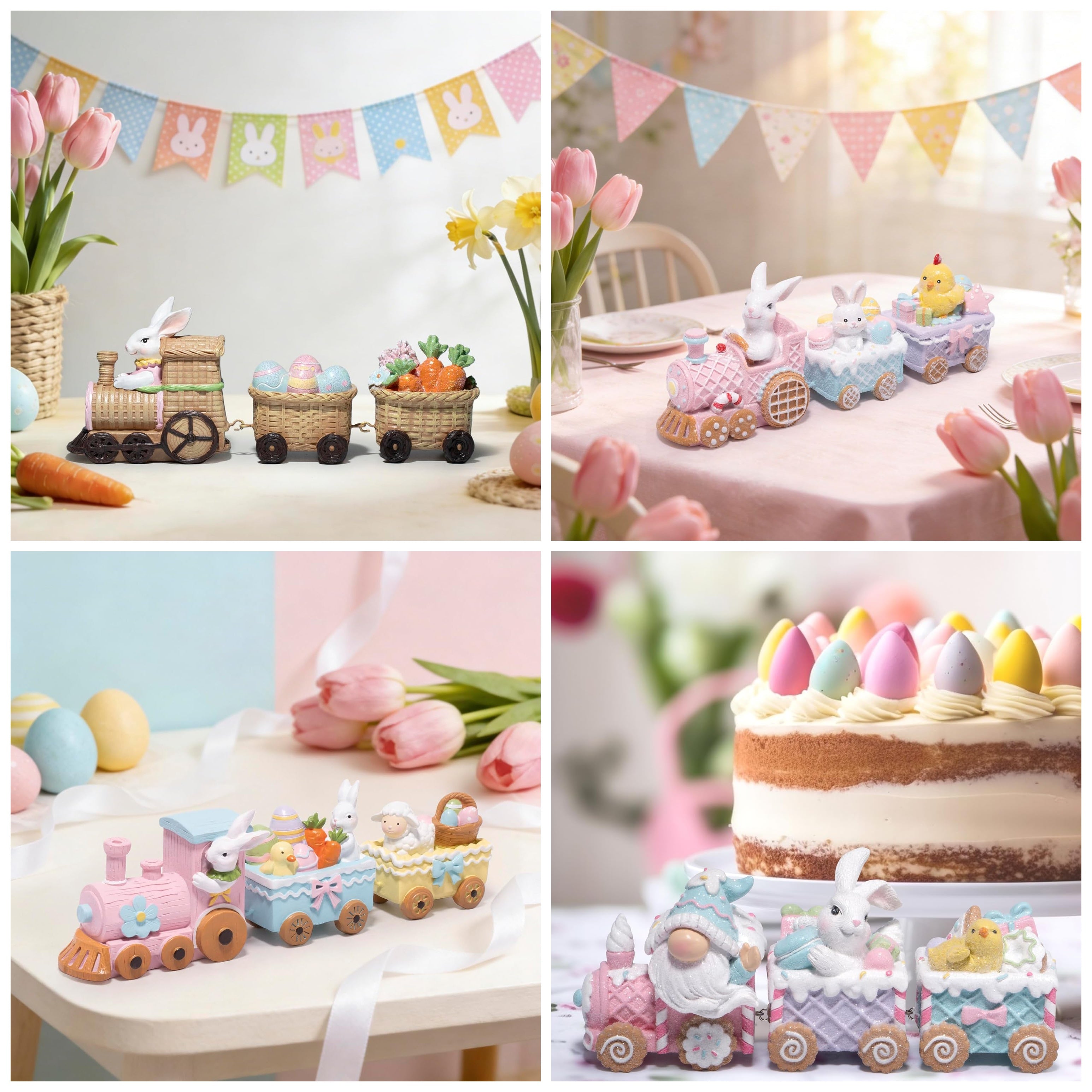 Hodao Easter Train Figurine Bundle (Choose 3/4/6-Piece Set) – Pastel Spring Tabletop Decor Collection with Bunny & Egg Carts, Cute Home Accent for Mantel, Shelf & Tiered Tray, Gift-Ready Easter Decor