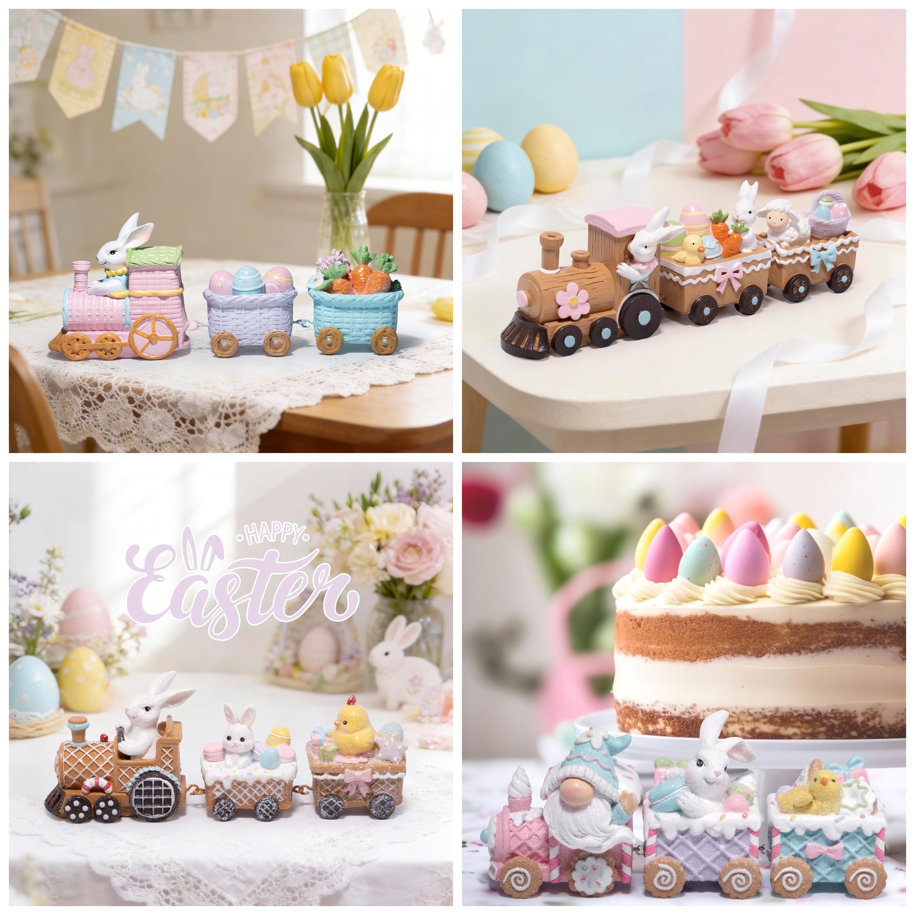 Hodao Easter Train Figurine Bundle (Choose 3/4/6-Piece Set) – Pastel Spring Tabletop Decor Collection with Bunny & Egg Carts, Cute Home Accent for Mantel, Shelf & Tiered Tray, Gift-Ready Easter Decor