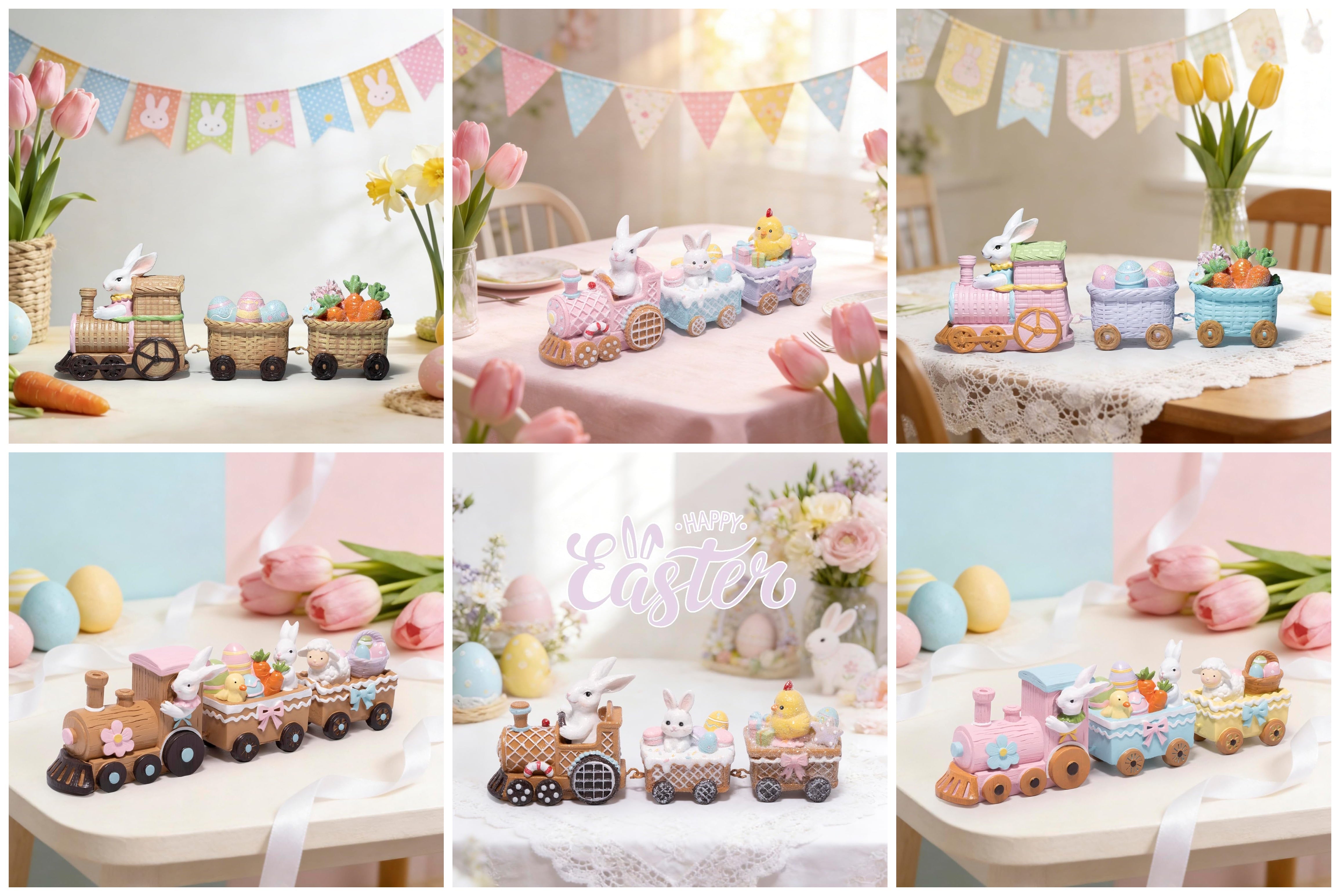 Easter Train Figurine Bundle (Choose 3/4/6-Piece Set) – Pastel Spring Tabletop Decor Collection with Bunny & Egg Carts, Cute Home Accent for Mantel, Shelf & Tiered Tray, Gift-Ready Easter Decor