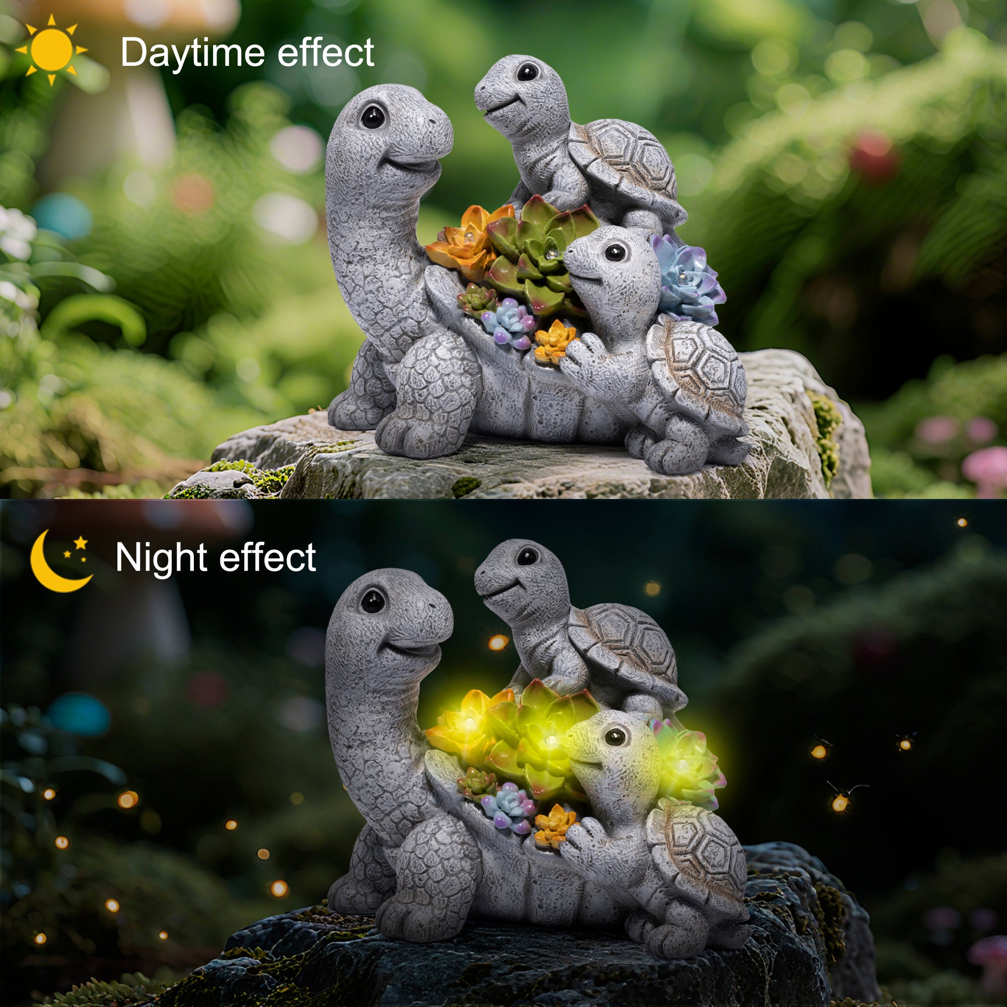 Hodao  Solar Turtle Garden Statue with LED Succulent Lights, Resin Outdoor Tortoise Family Figurine, Waterproof Yard Lawn Patio Decor, Cute Animal Sculpture for Porch, Backyard, Gift
