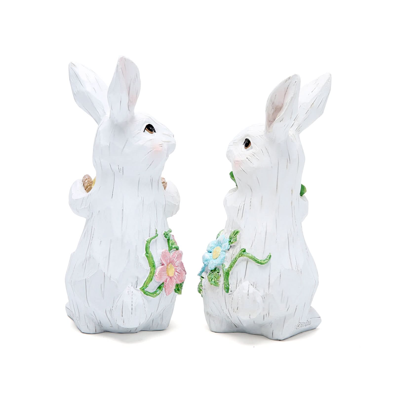 Hodao Hand-Carved Easter Bunny Couple Figurines - Romantic Spring Rabbit Decor For Home & Garden Displays
