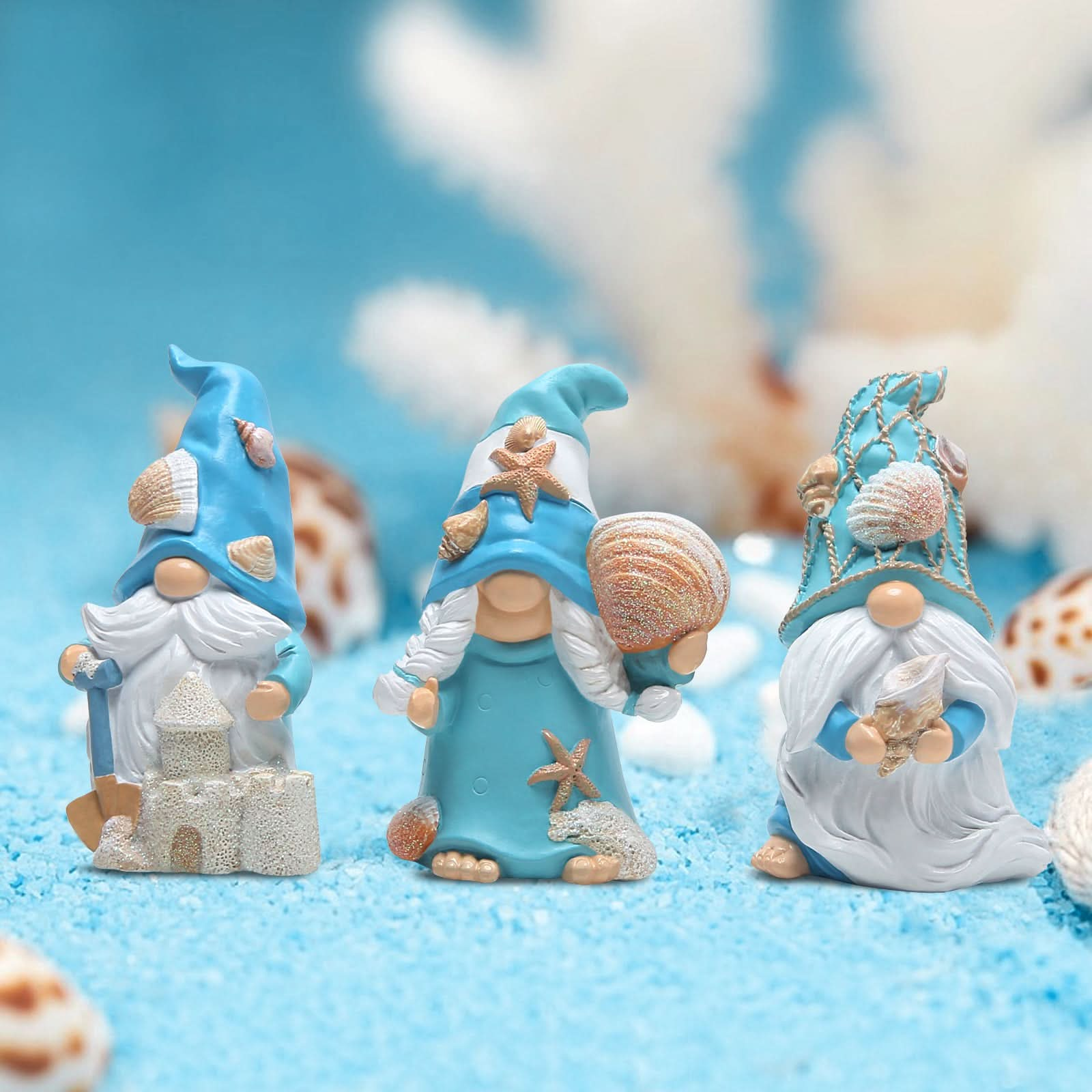 Summer gnome surrounded by seashells on a blue background, ideal for coastal home decorations.